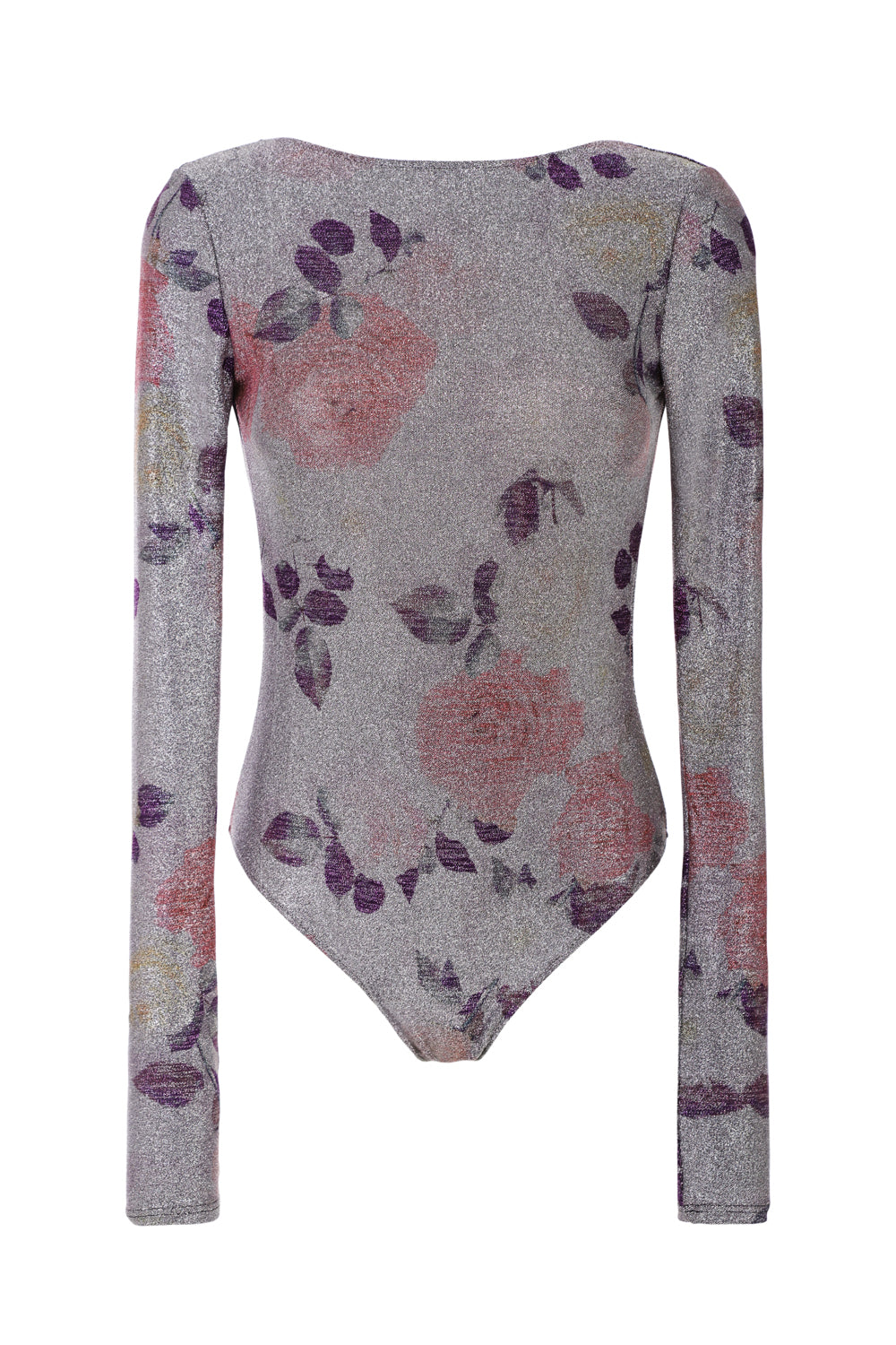 Body moulant femme dos nu – Imprimé floral cuivré argenté, manches longues, stretch gainant, Made in France