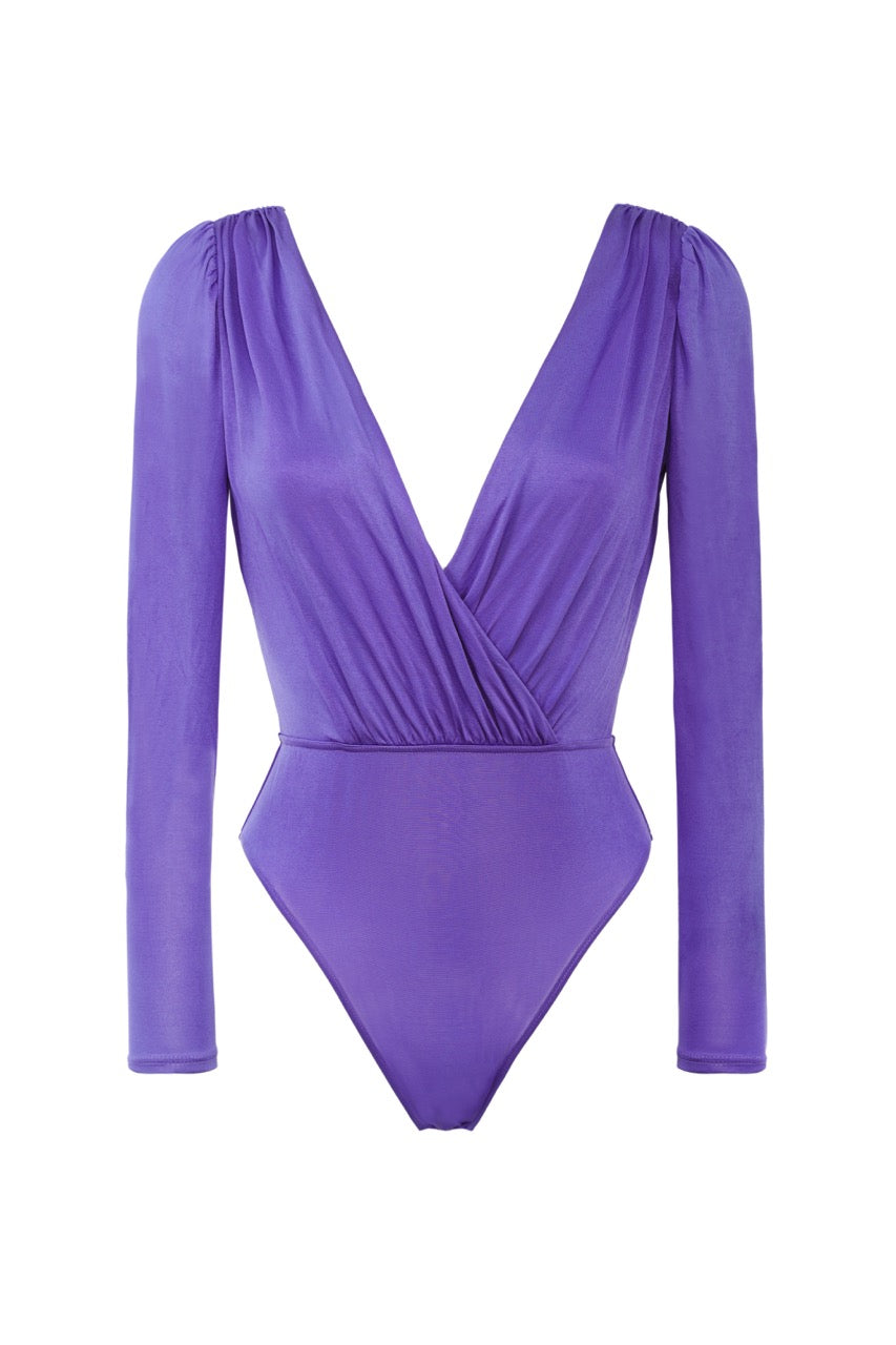 Body femme décolleté croisé manches longues froncées bleu Provence en tissu stretch gainant Made in France