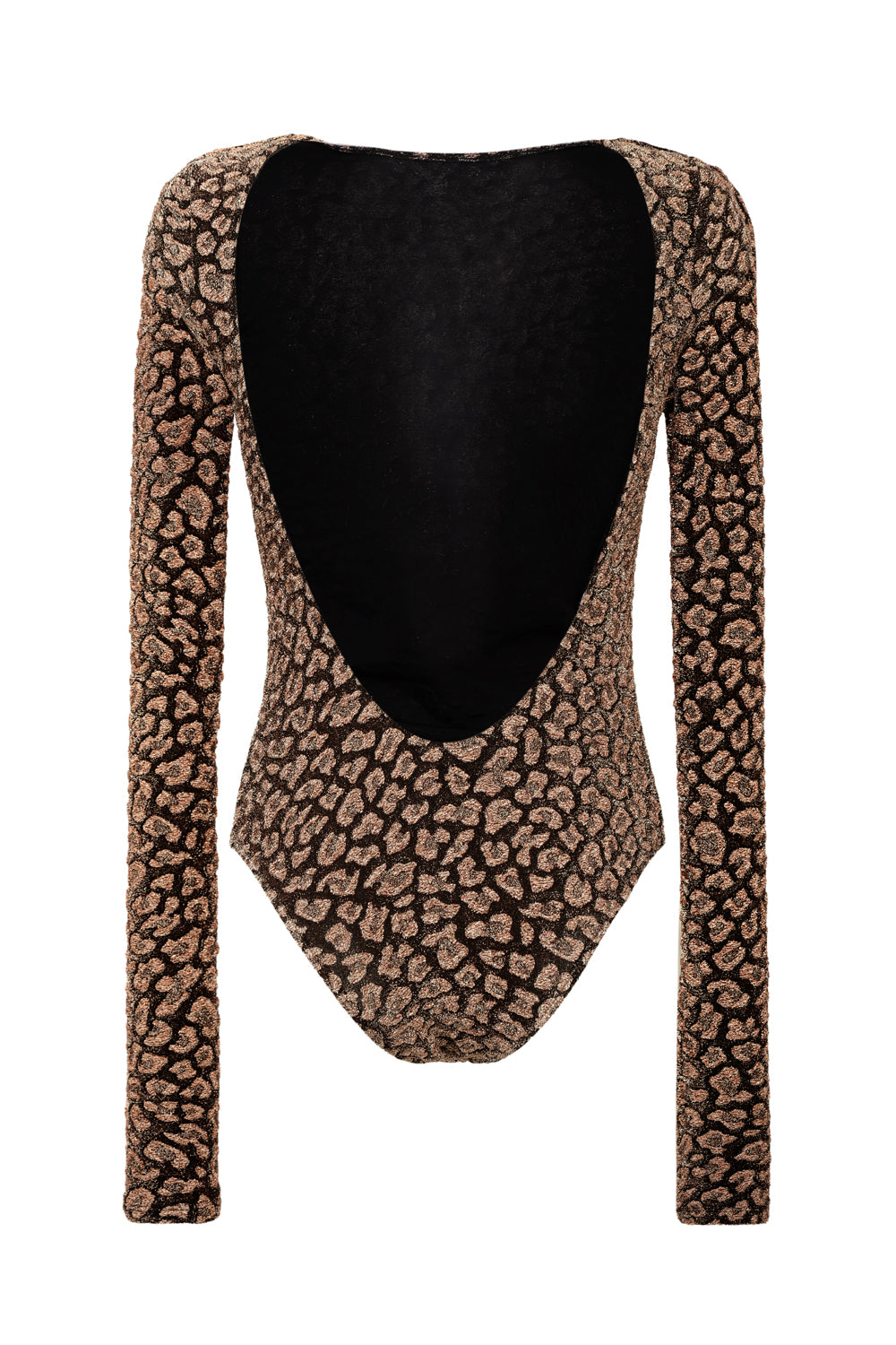 Body femme léopard noir et doré en jacquard lurex, manches longues et dos décolleté – Made in France