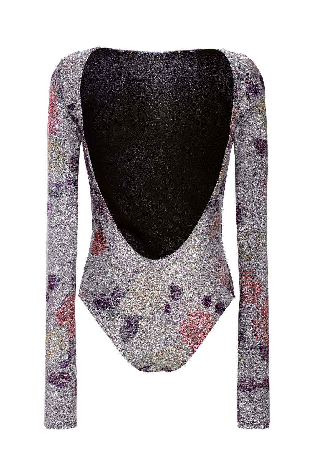 Body moulant femme dos nu – Imprimé floral cuivré argenté, manches longues, stretch gainant, Made in France