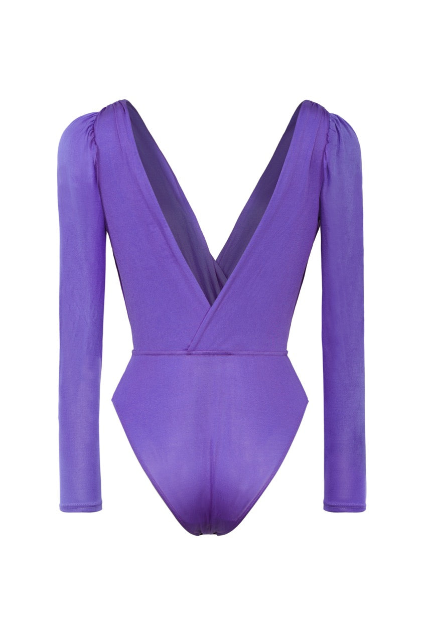 Body femme décolleté croisé manches longues froncées bleu Provence en tissu stretch gainant Made in France