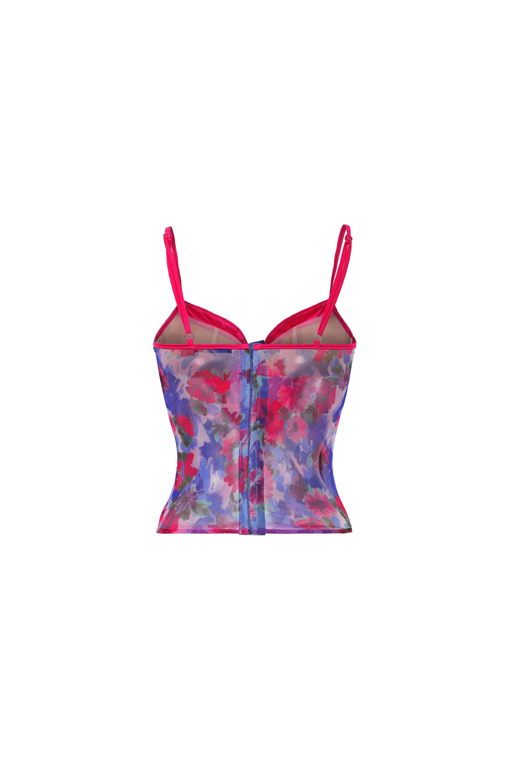 Bustier fleuri femme – Esprit corset, mesh & satin stretch, boutons bijoux