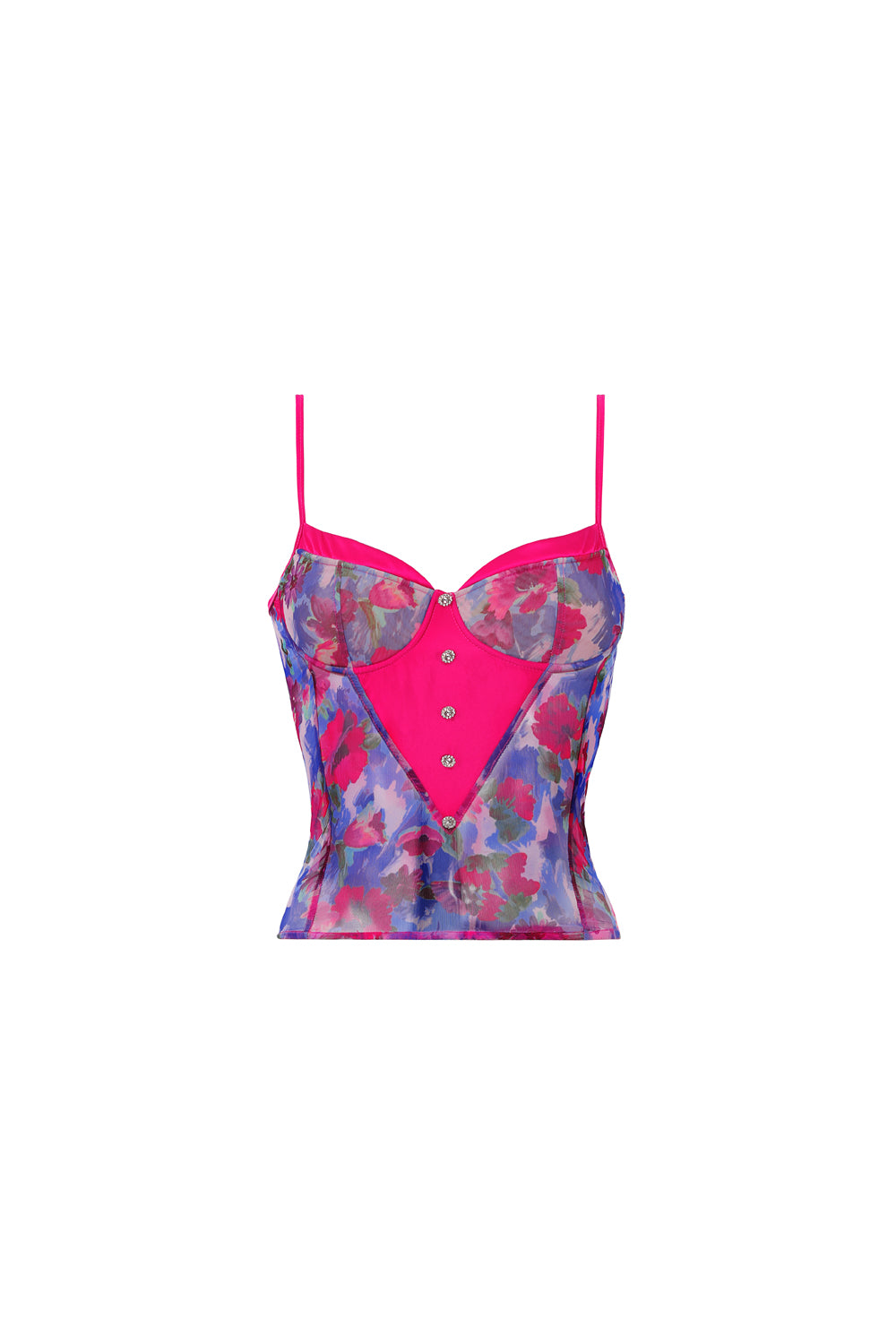 Bustier fleuri femme – Esprit corset, mesh & satin stretch, boutons bijoux