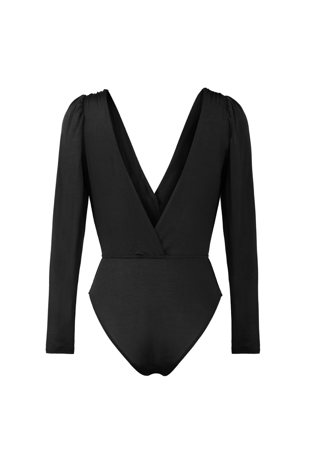 Body femme décolleté croisé manches longues froncées noir en tissu stretch gainant Made in France
