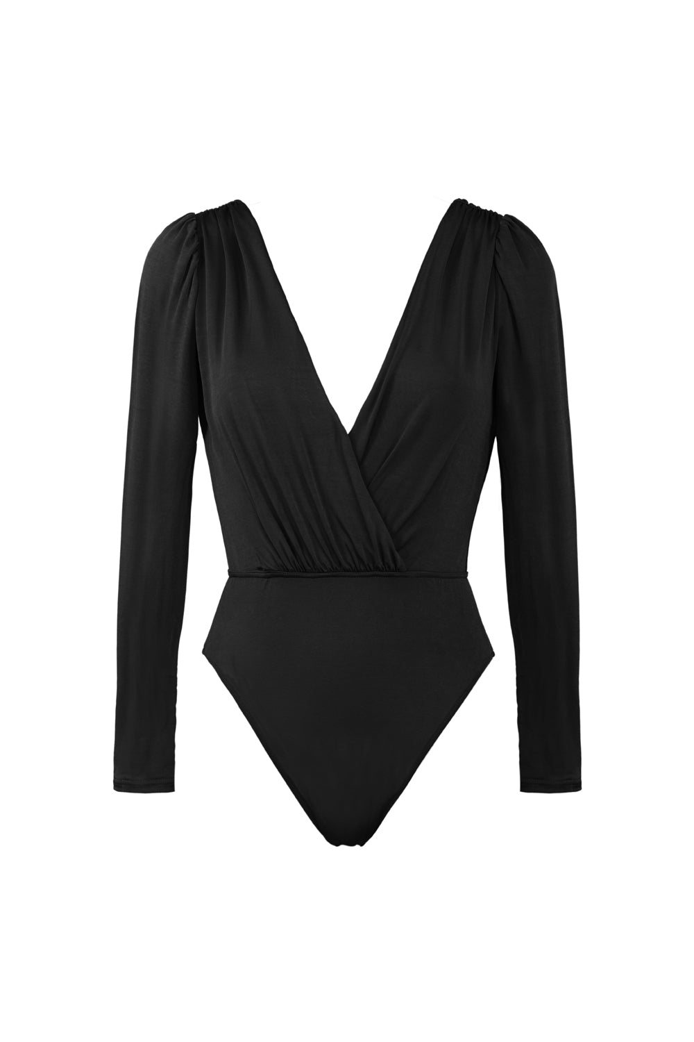 Body femme décolleté croisé manches longues froncées noir en tissu stretch gainant Made in France