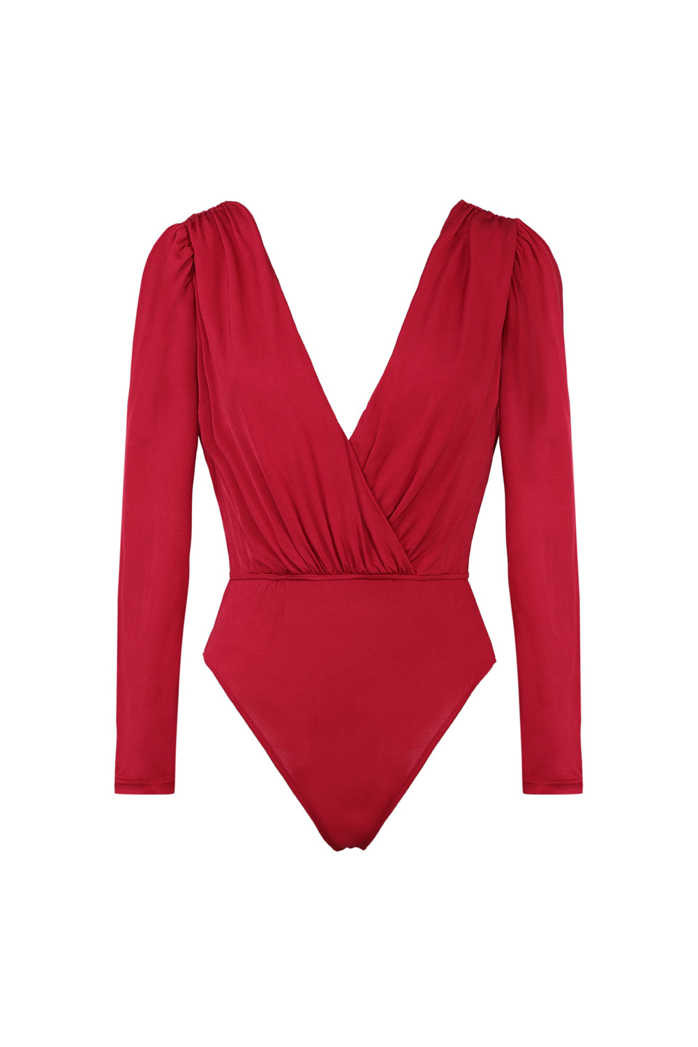 Body femme décolleté croisé manches longues froncées rouge en tissu stretch gainant Made in France