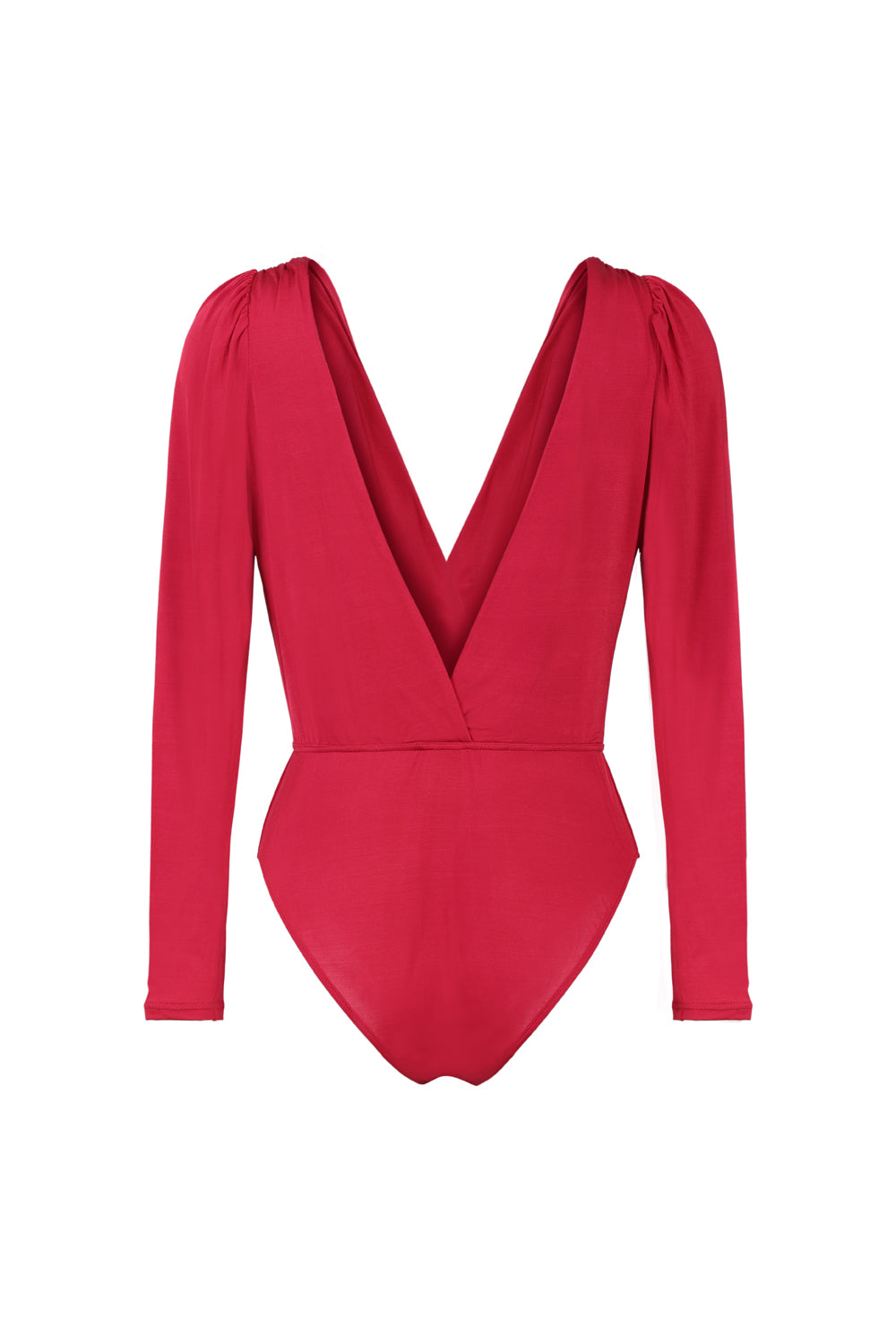 Body femme décolleté croisé manches longues froncées rouge en tissu stretch gainant Made in France