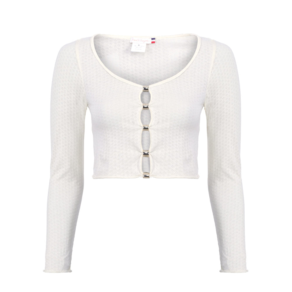 Crop top en coton pointelle écru avec ouverture bijou et manches 3/4 – lingerie made in France