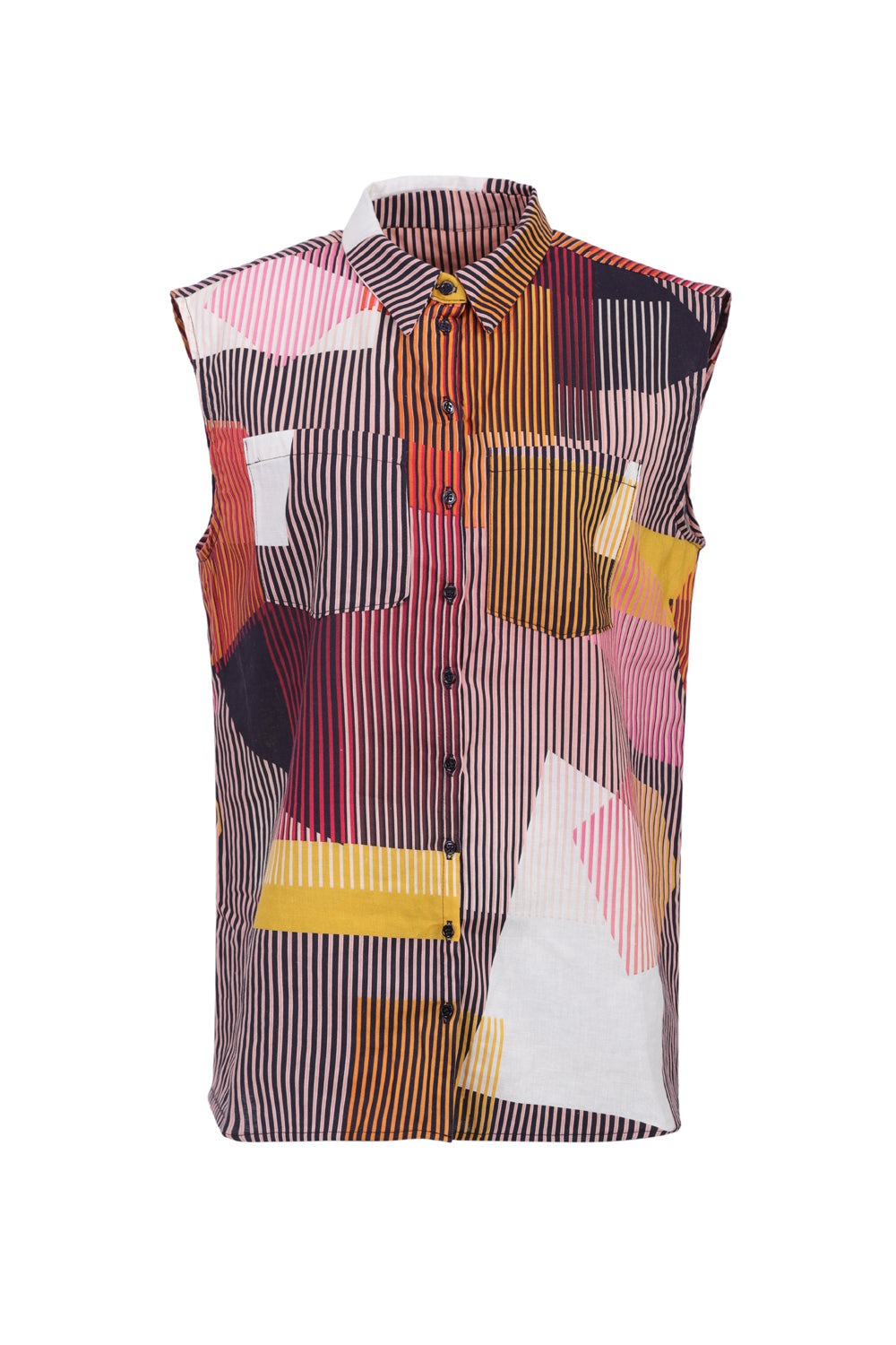 Chemise oversize sans manches en coton-lin doux, imprimé graphique noir, rose, jaune et orange, boutons noirs contrastants, poches poitrine, fabrication 100 % française.