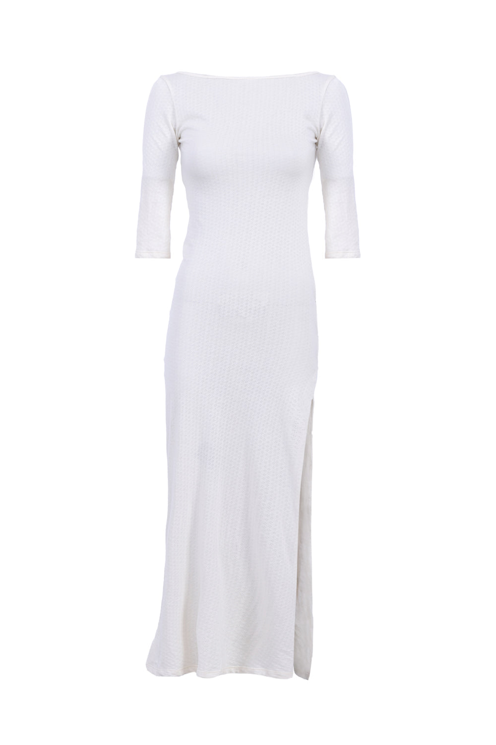 Robe longue écru en coton pointelle avec fente perlée sur la cuisse – manches 3/4, coupe fluide et féminine, fabriquée en France