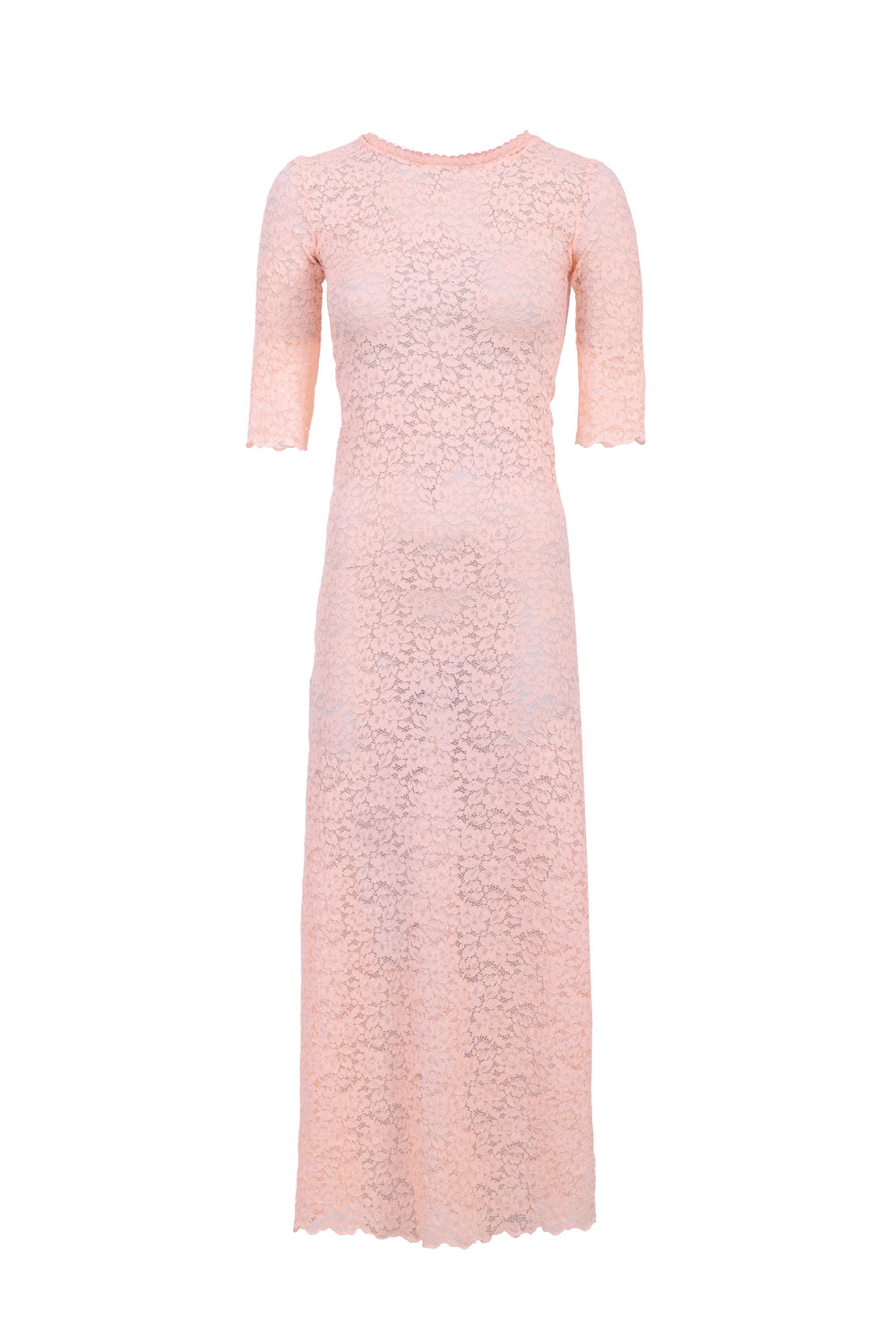 Robe longue en dentelle corail extensible avec manches 3/4 et fente haute – silhouette ajustée et féminine, fabriquée en France