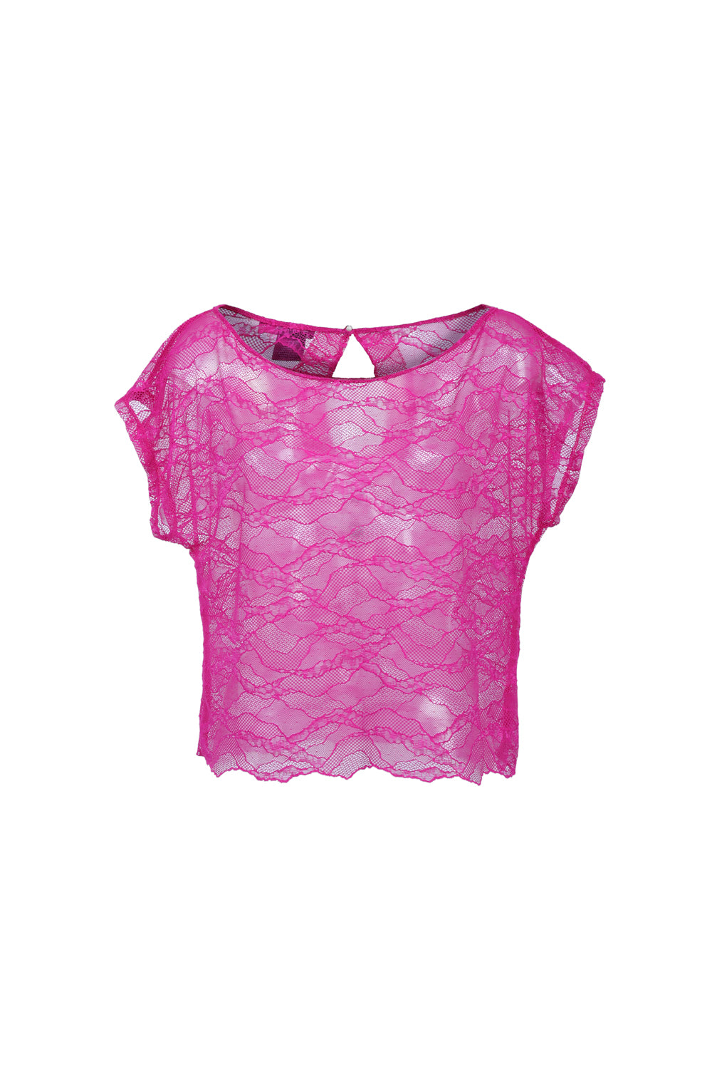 T-shirt oversize en dentelle rose fuchsia, manches courtes tombantes, col large et fermeture bijou perle au dos