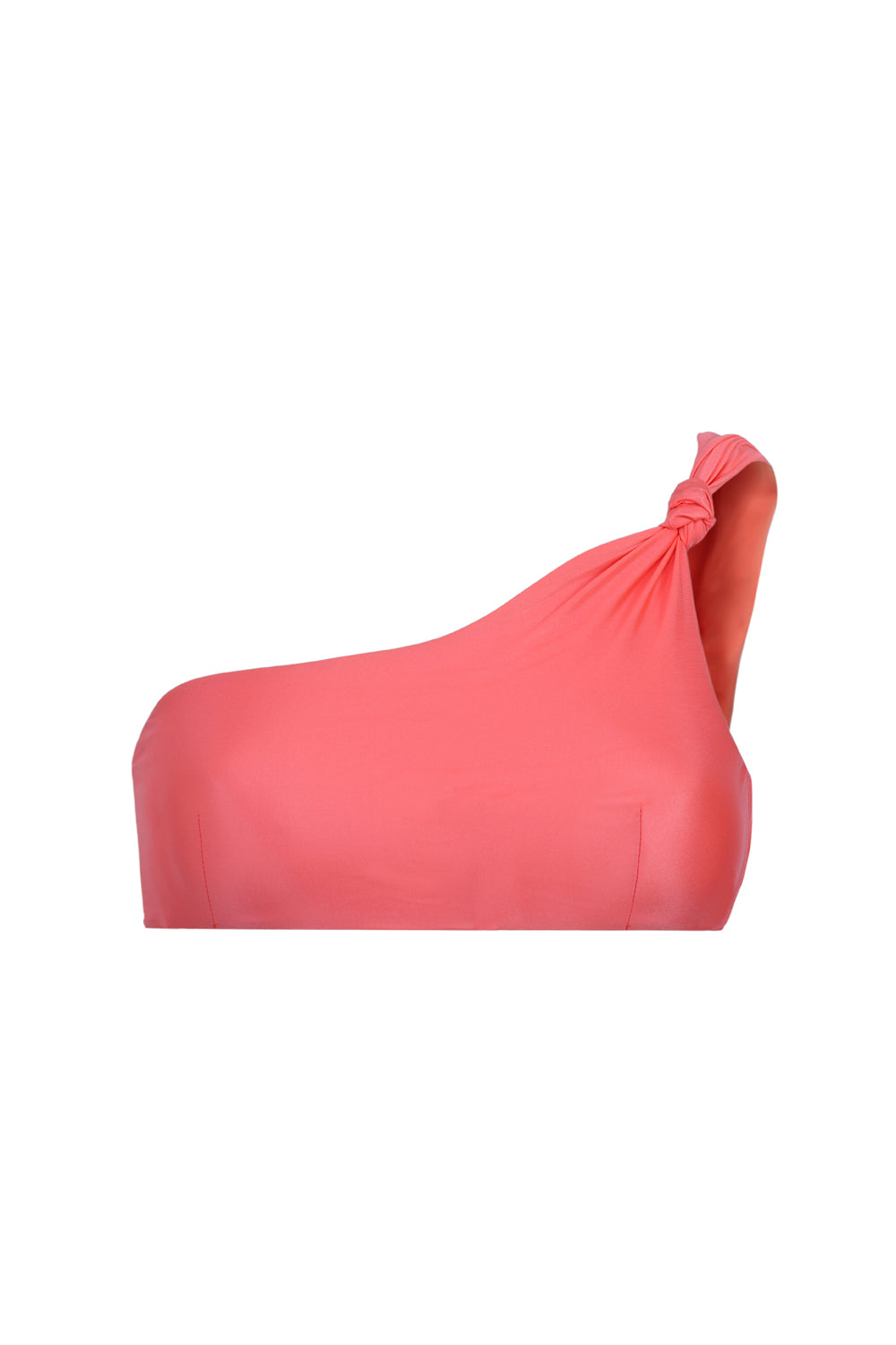 Haut de maillot bandeau asymétrique orange fluo en tissu gainant avec doublure douce, twist subtil sur la bretelle gauche, fabriqué en France.