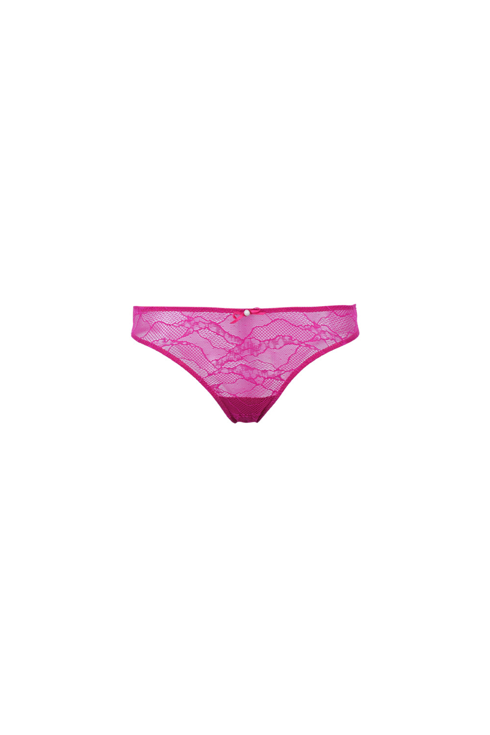 Culotte en dentelle rose fuchsia, taille basse et couvrante, avec nœud délicat et pampille bijou à l’avant, fabriquée en France.