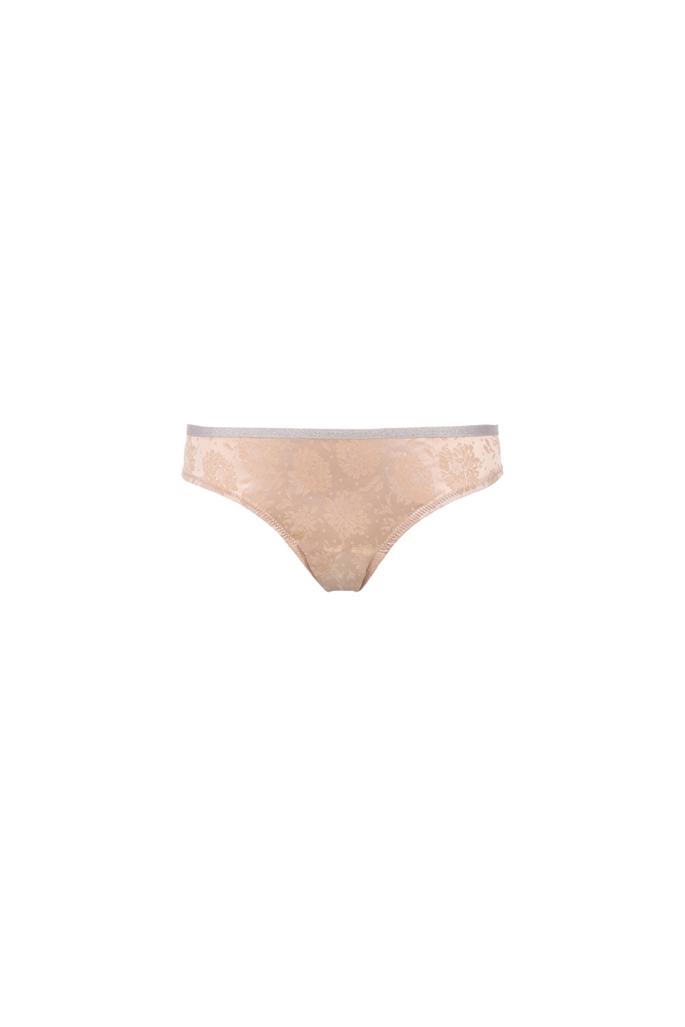Culotte beige doré en soie jacquard douce et brillante, taille basse couvrante, fronce délicate au dos et finitions dorées, fabriquée en France.