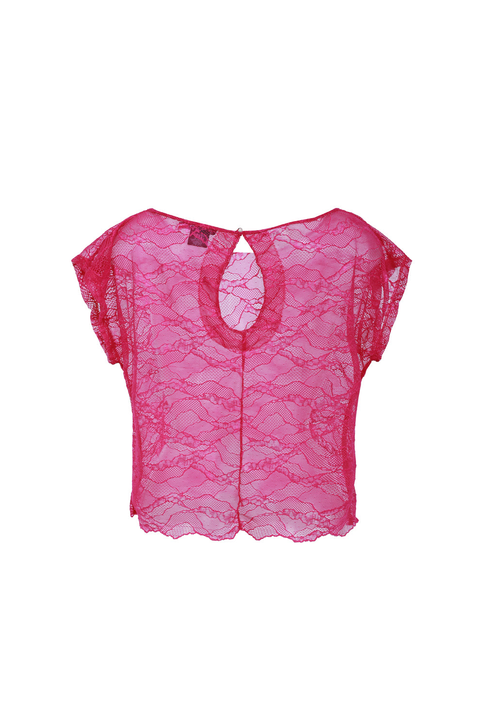 T-shirt oversize en dentelle rose fuchsia, manches courtes tombantes, col large et fermeture bijou perle au dos