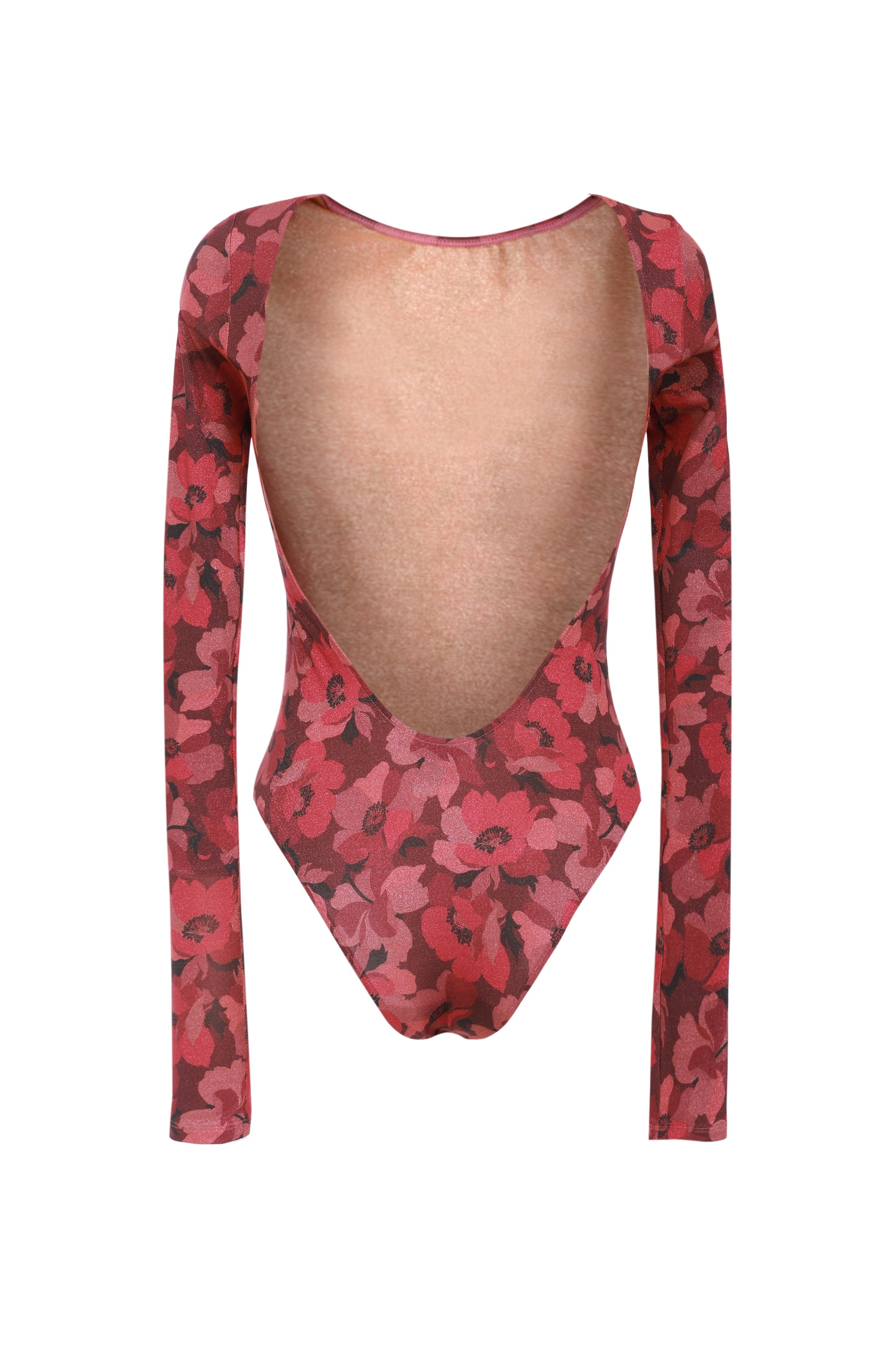 Body femme imprimé floral cuivré, manches longues et dos décolleté – Coupe seconde peau, Made in France