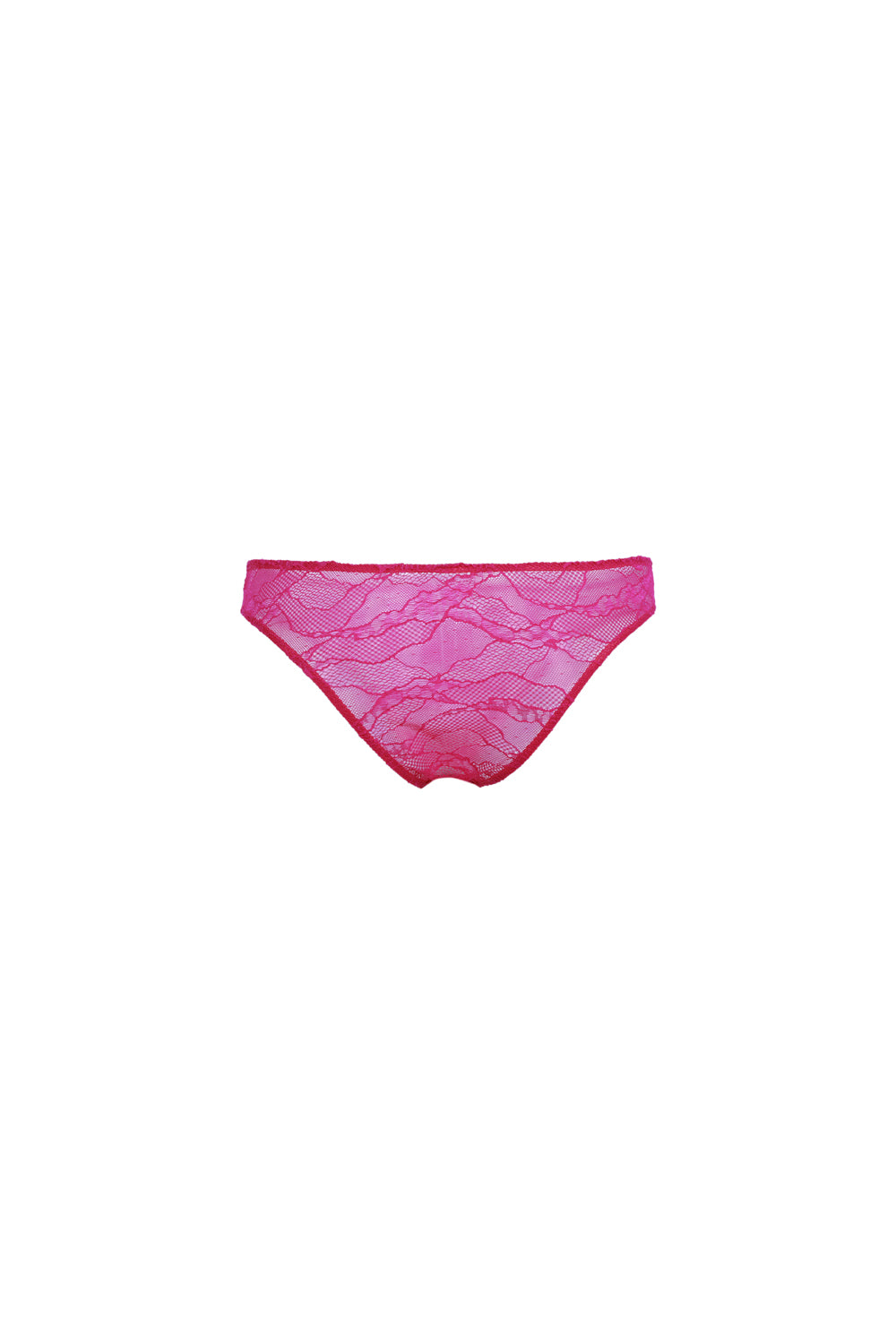 Culotte en dentelle rose fuchsia, taille basse et couvrante, avec nœud délicat et pampille bijou à l’avant, fabriquée en France.