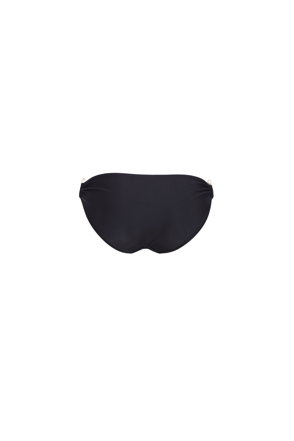 Culotte maillot de bain Manon noir taille mi-basse en matière stretch opaque gainante, découpes échancrées sur les cuisses, ornée de bijoux serpent dorés, fabriquée en France.