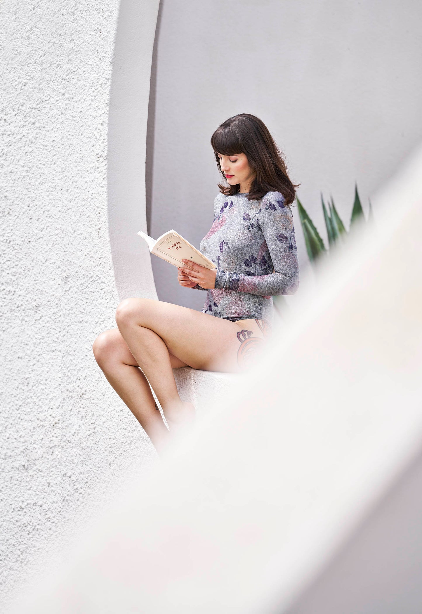 Body moulant femme dos nu – Imprimé floral cuivré argenté, manches longues, stretch gainant, Made in France