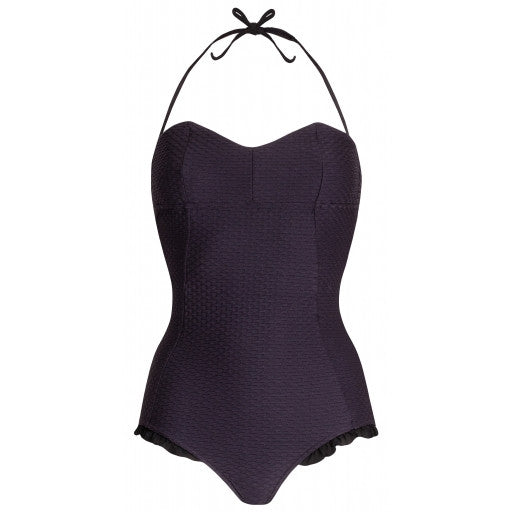 Maillot une pièce bleu marine sculptant avec volants en voile, bretelles amovibles et découpe sous poitrine – style rétro chic made in France
