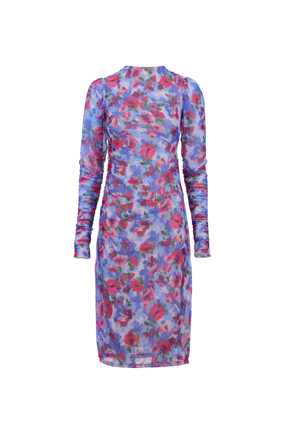 Robe longue gainante à imprimé fleuri rose et bleu avec manches bouffantes et décolleté bijou – confection française