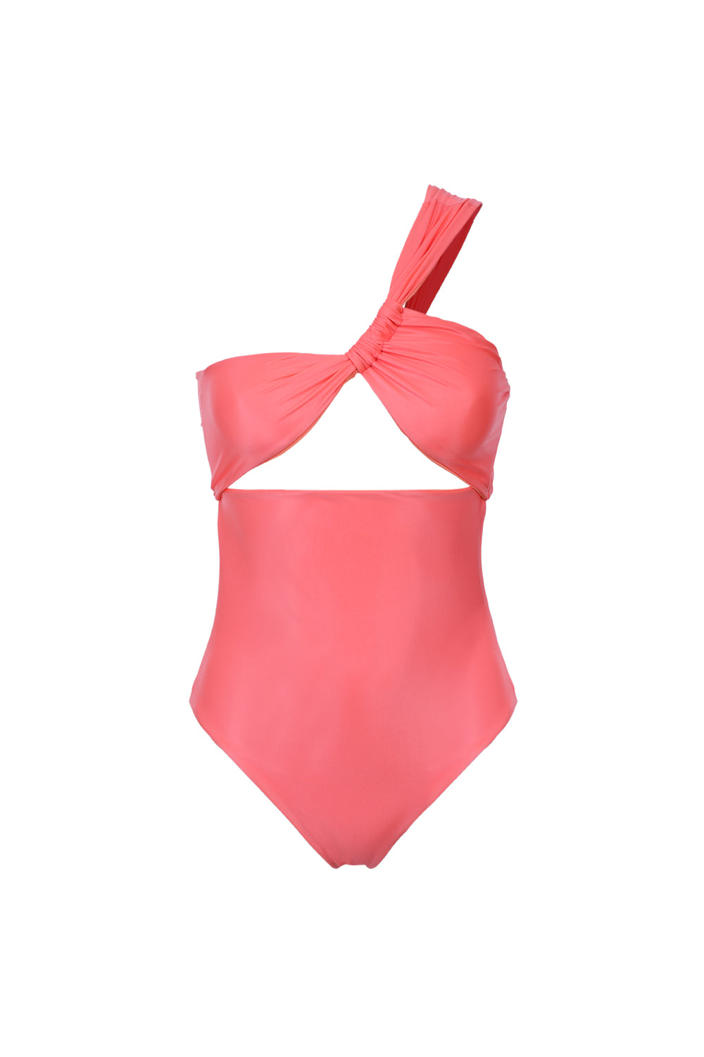 Maillot de bain une pièce asymétrique orange fluo en tissu gainant avec doublure douce, bandeau à découpe sous la poitrine, coulisse sur l’épaule et cuisses légèrement échancrées, fabriqué en France.