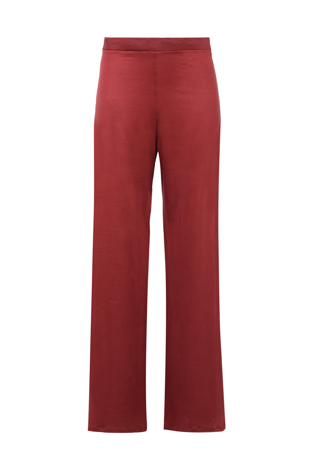 Pantalon évasé orange rouille en matière douce et gainante, ceinture élastique à la taille, coupe fluide, fabrication 100% française.