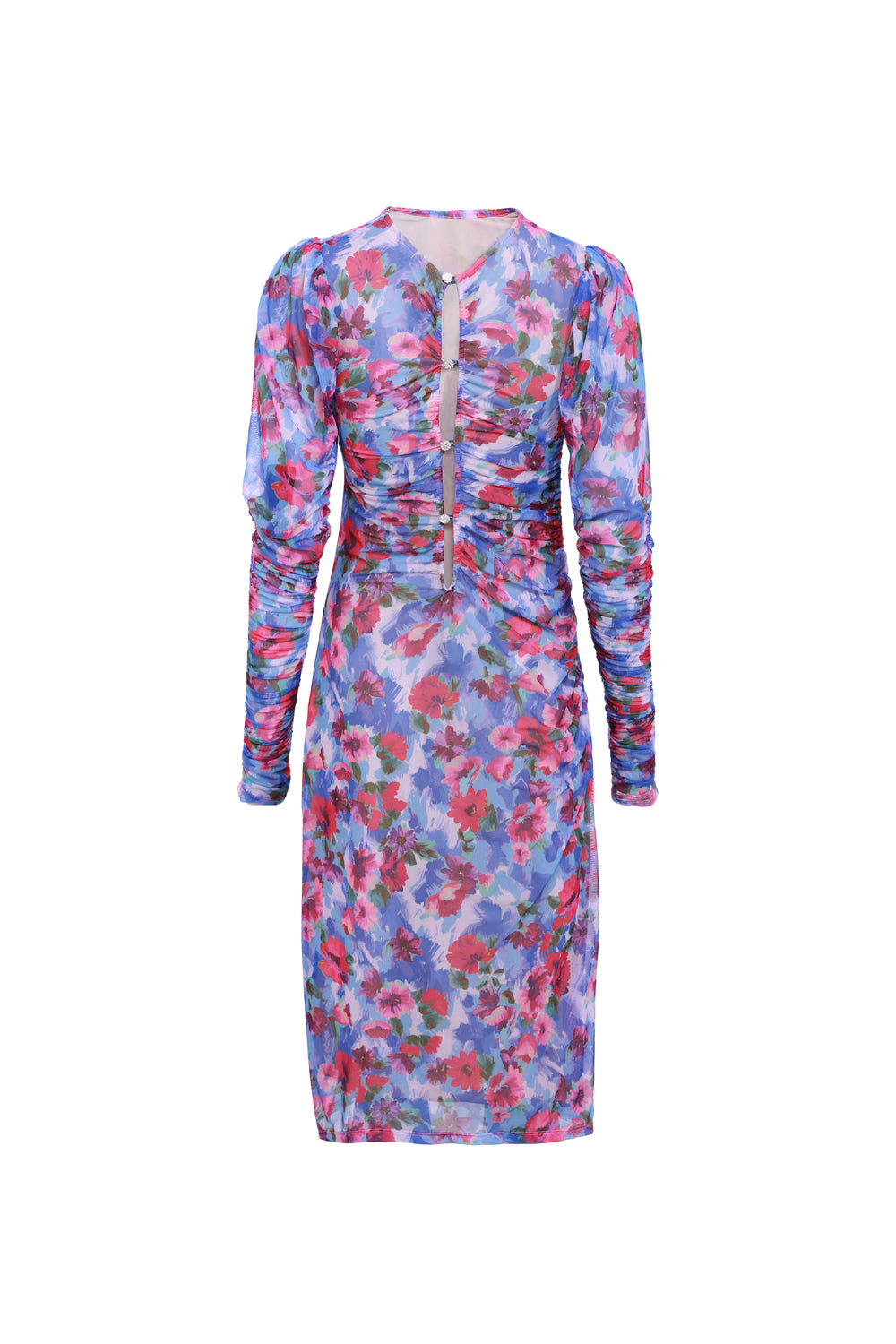 Robe longue gainante à imprimé fleuri rose et bleu avec manches bouffantes et décolleté bijou – confection française