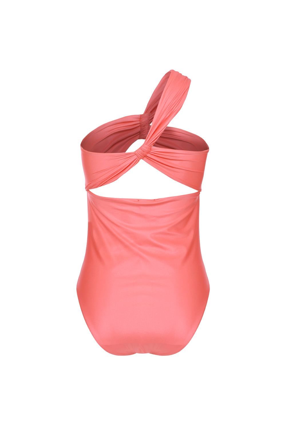 Maillot de bain une pièce asymétrique orange fluo en tissu gainant avec doublure douce, bandeau à découpe sous la poitrine, coulisse sur l’épaule et cuisses légèrement échancrées, fabriqué en France.
